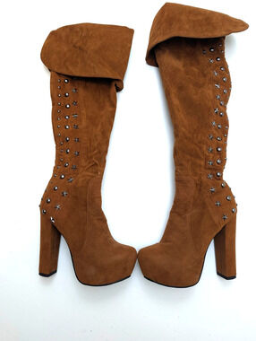 Women’s Brown Suede Knee High Over-The-Knee Platform Studded Zip Boots Size 6.5